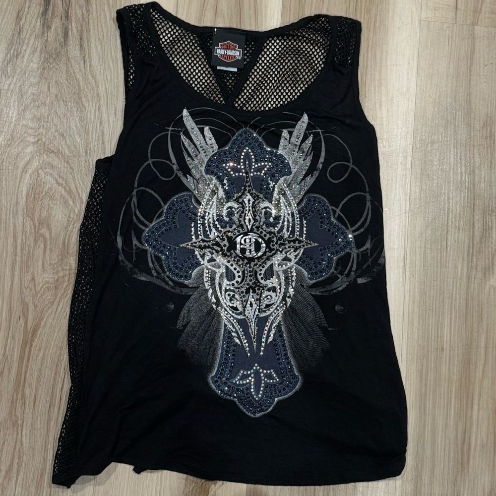 Harley Davidson Black Mesh Tie Tank Top Women’s Small